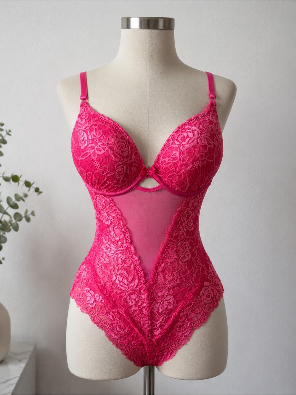 Lace Plunge Bodysuit Teddy in Fuchsia Pink